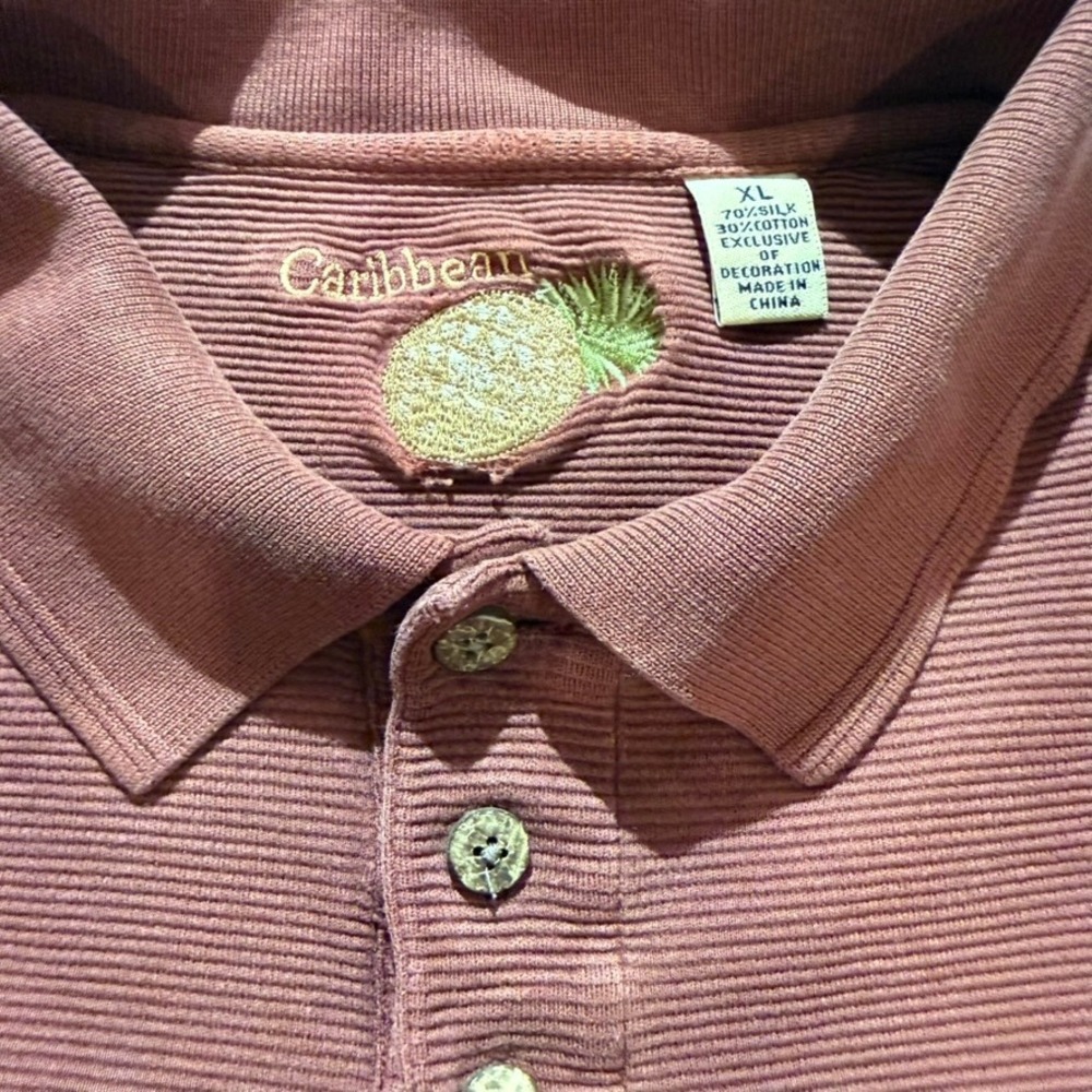 Caribbean‎ Polo Shirt Mens XL Brown Silk Cotton Ribbed Knit Short Sleeve Golf - Picture 2 of 6